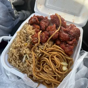 Orange chicken chow mein and fried rice