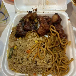 Chow mein, bbq pork, rice.