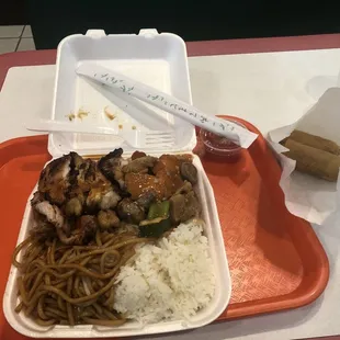 2 meat combo with chow mein and white rice. Teriyaki Chicken and Mushroom Chicken