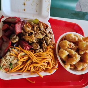 Mushroom chicken, honey shrimp and BBQ pork