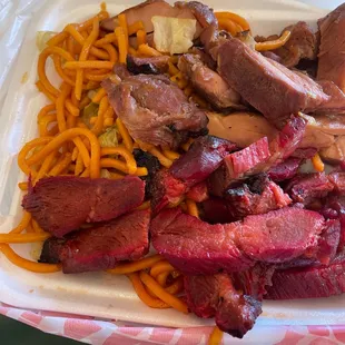 Chow mein teriyaki chicken and barbecue pork