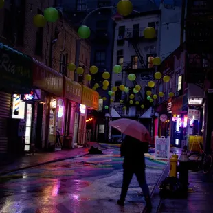 Quiet Doyers St after rain and sunset. (Tasty Noodle is around the bend on the other end).
