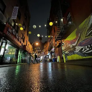 Doyers Street at night. Tasty Hand-Pulled Noodles is down this street around the bend at the end and on the right side of the street.