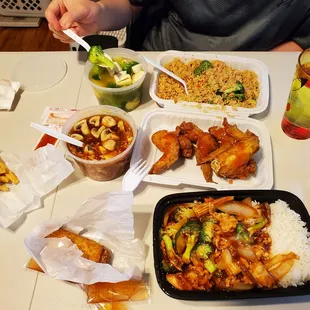 a table full of food and drinks