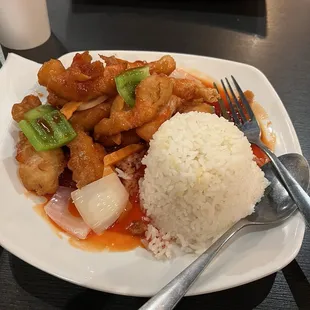 Sweet and sour Chicken with steamed rice