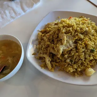 Egg drop soup(came with Mongolian beef) and Curry Fried rice