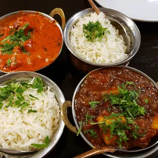 Chicken Tikka Masala (top) and Mango Curry with Fish (bottom). Both comes with rice