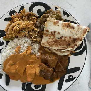 Goat Curry with Bone, Chicken Curry, Garlic Naan, Veggie Biryani