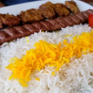 Soltani- beef koobideh skewer and marinated tenderloin skewer