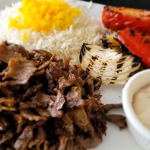 Doner kabab plate with half rice and veggies- SO good!!