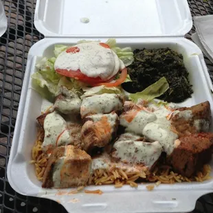 Lamb over rice with both sauces!
