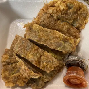 Side order of Meat Jun (2). $9.99 for two pieces. With rice &amp; veggies for add'lj $3 or get mini (1) and one scoop rice &amp; veggies!