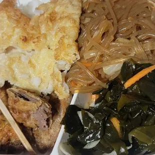 Meat jun &amp; fish jun combo with chop chae &amp; seaweed