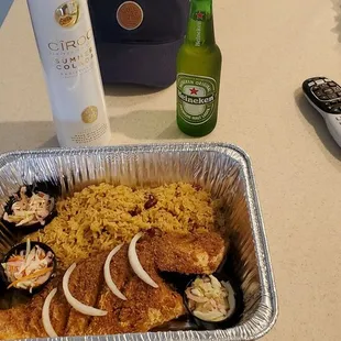 a tray of food and a remote control