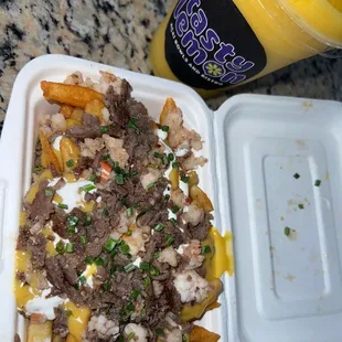 I got the load fries with steak and shrimps, my drink is Mango Pineapple Smoothie