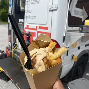 a hand holding a box of fries