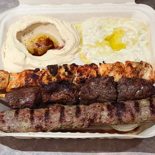 Mixed Grill - 3 skewers (Chicken, Beef or Lamb, and seasoned ground beef Kofta) - Delicious!