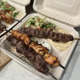 Mixed Grill 3 Entree w/ Shish Kabab Skewer (Beef Cube), Shish Kafta Skewer (Ground Beef) and Shish Tawook Skewer (Chicken Cube).