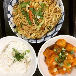 Aloo dum and chicken chowmein