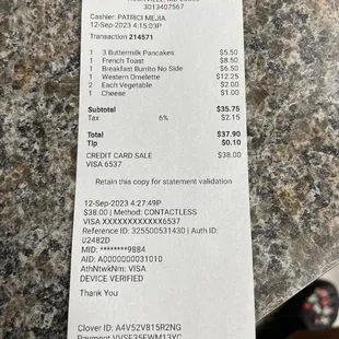 Receipt for order on 9/12/23