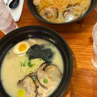 Tonkotsu with pork, and medium spice tonkotsu with pork.