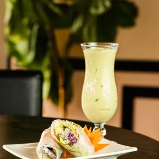 a plate of food and a drink