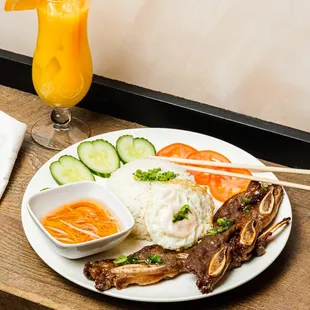 a plate of food and a drink