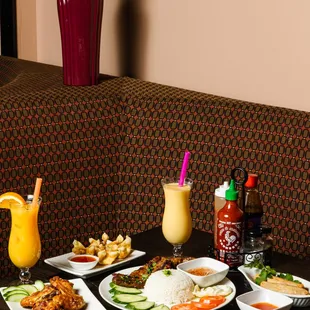 a table of food and drinks