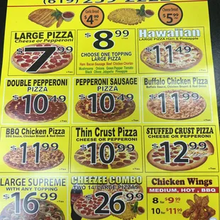a menu for a variety of pizzas