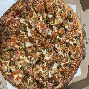 Large 5 topping pizza with pepperoni, sausage, jalapeño, mushroom, and tomato