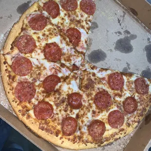 Pepperoni pizza (with a couple of slices missing)