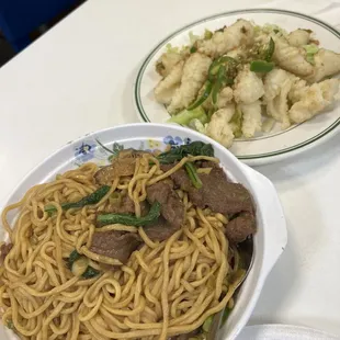 Beef E-fu noodles and salt and pepper squid