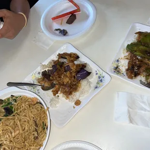 Seafood E-fu noodles, fish fillet &amp; eggplant rice box, and bittermelon ribs rice box