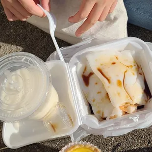 egg tart, soy milk, and shrimp rice rolls