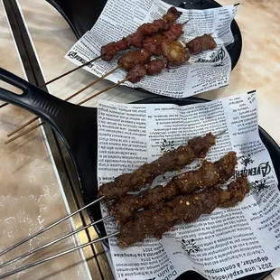 Beef skewers and lamb skewers