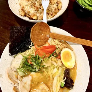 Tonkotsu chicken ramen (I added chili oil so the broth is tinted red in this pic) &amp; chicken fried rice!