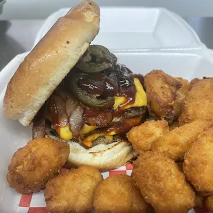 Bbq bacon jalapeño burger with corn nuggets