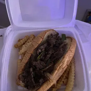 Philly Cheesesteak with peppers and onions, plus fries! Delicious!