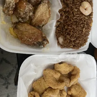 6 Atl Wings &amp; Shrimp Fried Rice and Catfish Nugget (12 Pieces)