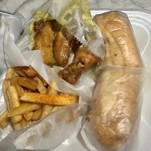 Philly Steak, 6 Atl Wings (honey mustard) &amp; Fries