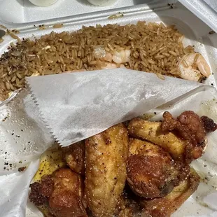 6 Atl Wings &amp; Shrimp Fried Rice (honey garlic pepper wings)