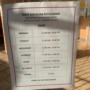 New hours of operation