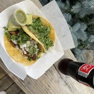 carne asada and chicken tacos with Mexican coke