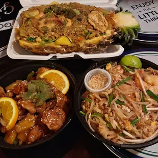 Pineapple Fried Rice, Shrimp Pad Thai and Orange Chicken.