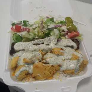 The chicken and beef combo plate.