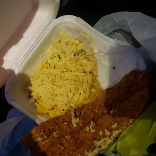 Everything in one plate spaghetti macaroni mixed with the potato salad.