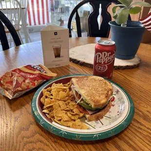 Italian panini w/ Fritos and a Dr. Pepper.