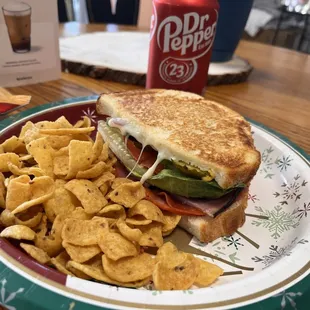 Italian panini w/ Fritos and a Dr. Pepper.