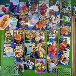 a green wall with pictures of food