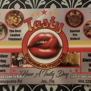 the menu for tasty wings and things